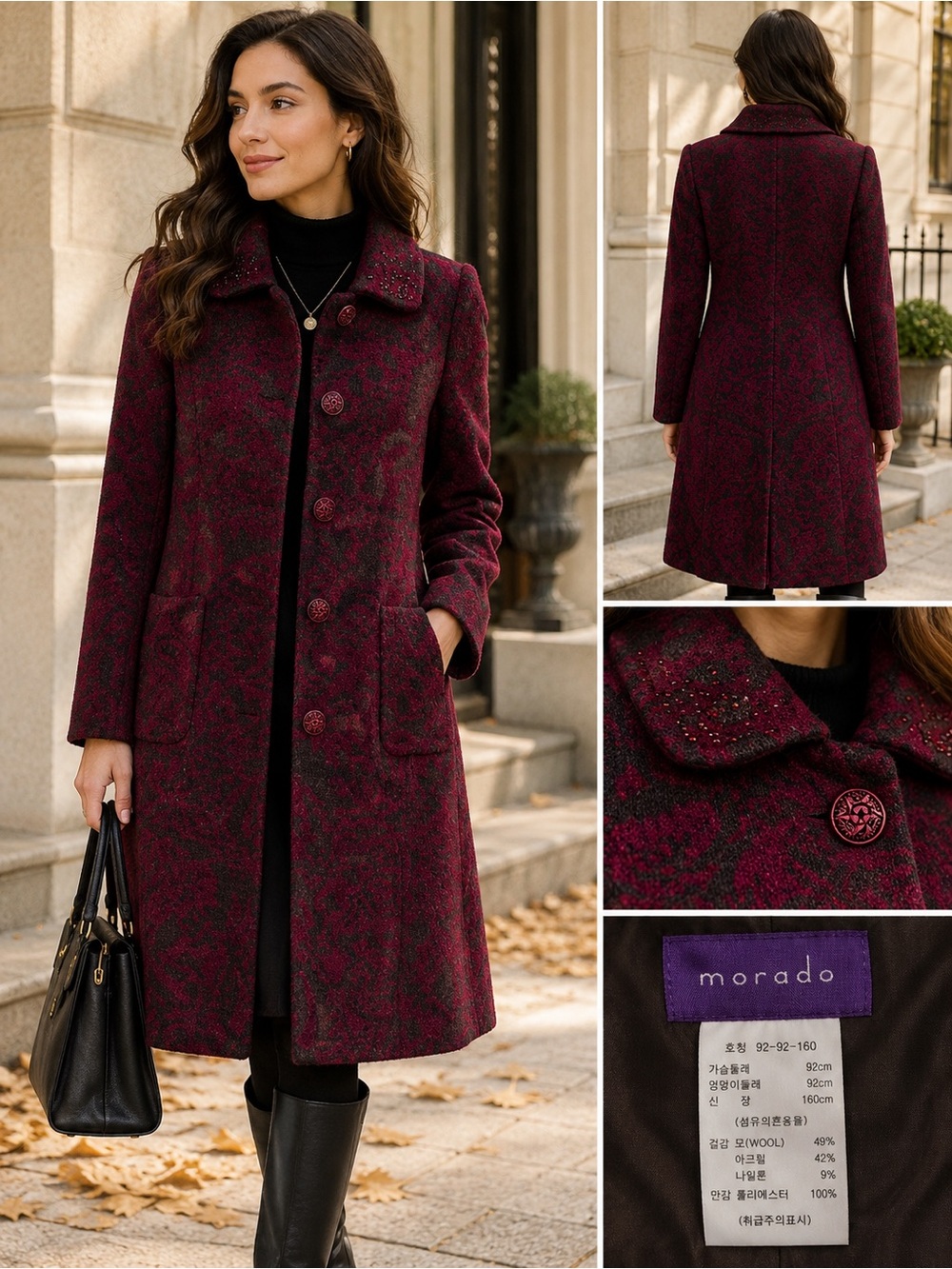 Morado Korea Women Wool Blend Long Coat Burgundy Floral Embellished Winter